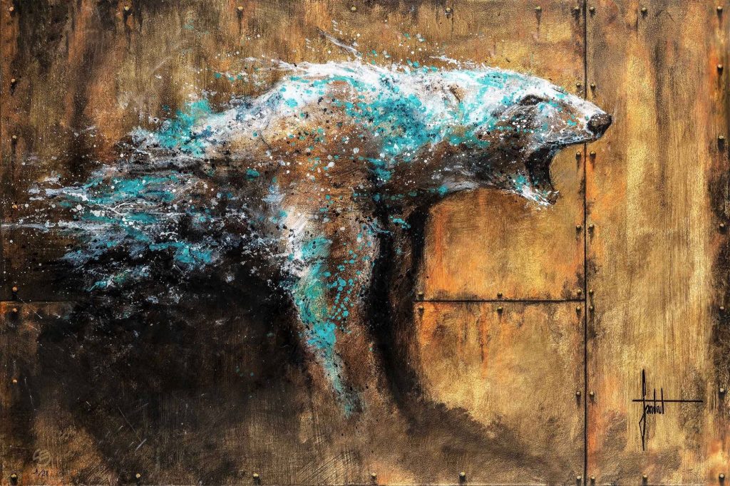 L'ours hurlant sur sa banquise qui fond. Peinture sur métal de Sandrot