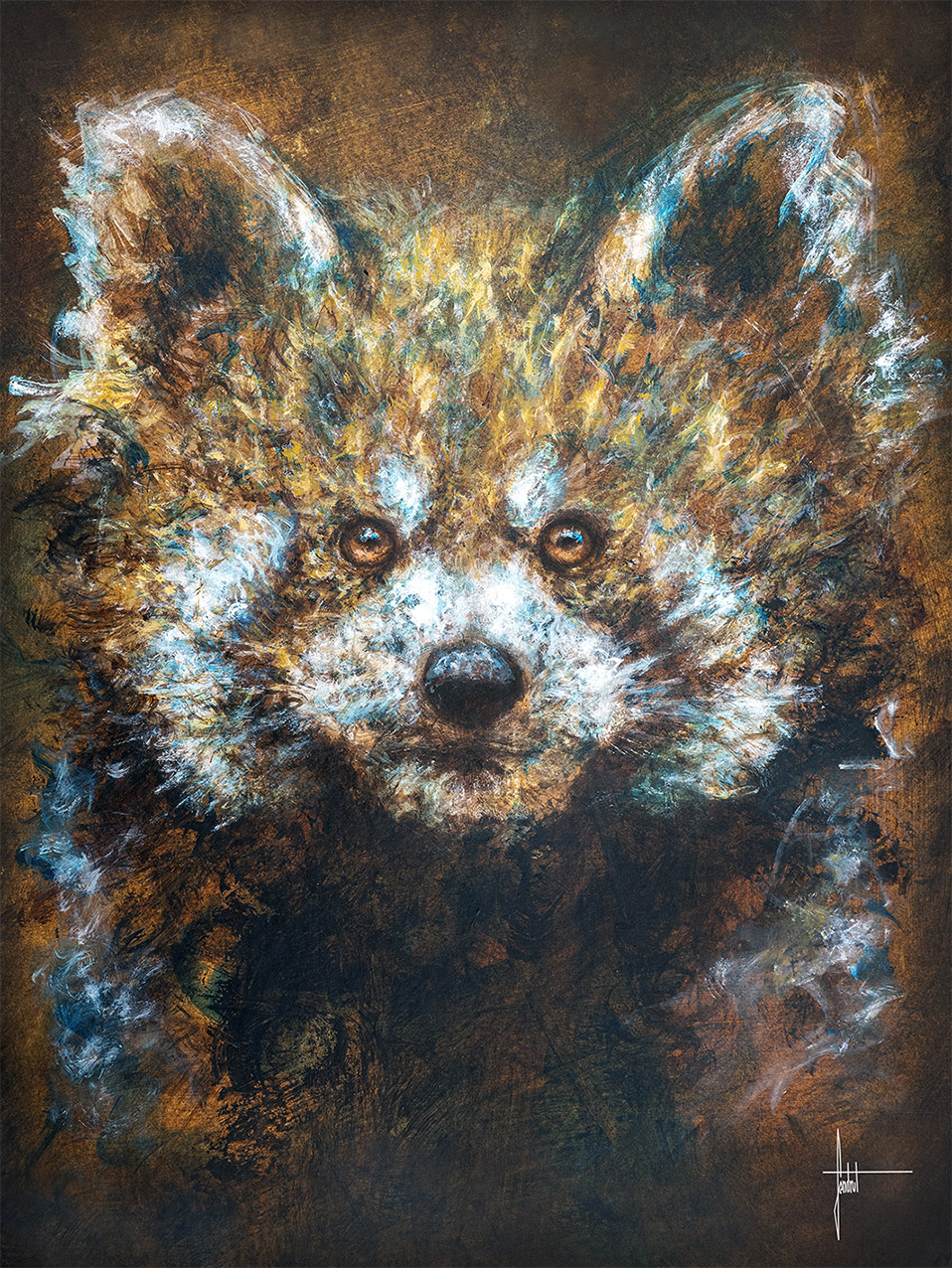 Peinture représentant un panda roux peint par l'artiste animalière contemporaine Sandrot