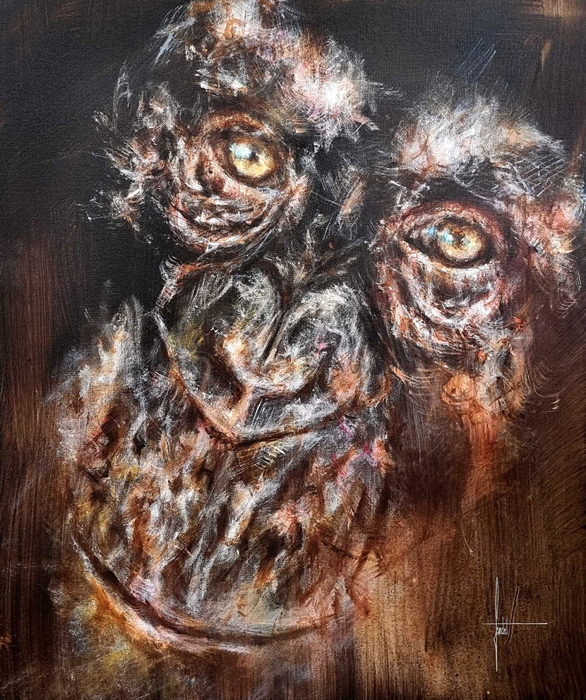 Peinture d'un singe à l'acrylique dans les tons de marron, terre de sienne naturelle, ocre par l'artiste Sandrot