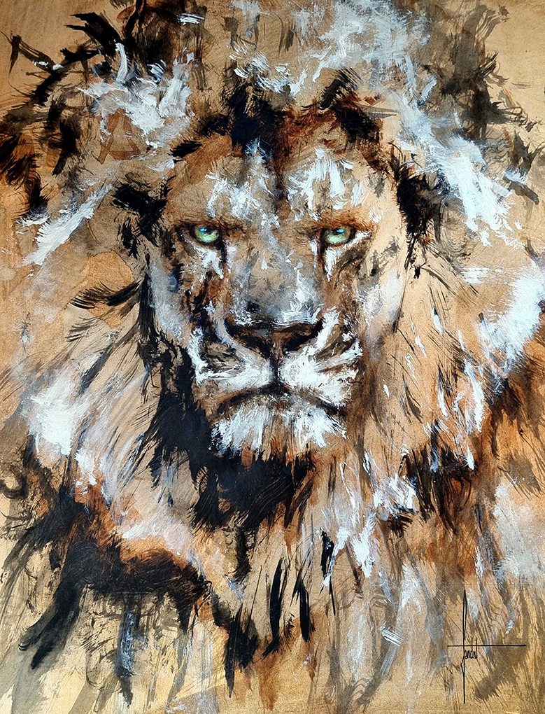 Peinture d'un lion peint par une artiste animalière contemporaine 