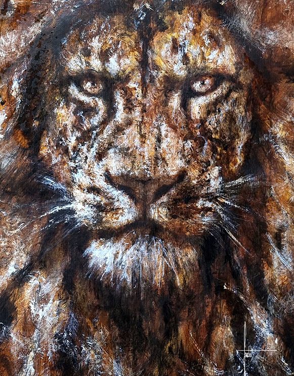 Peinture représentant un lion peint par un artiste animalier contemporain