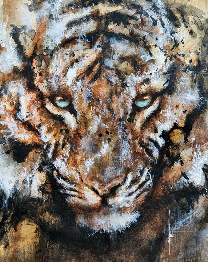 Peinture représentant un tigre par l'artiste animalière contemporaine Sandrot