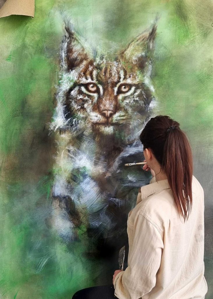 Grande peinture représentant un lynx réalisé par l'artiste animalière contemporaine Sandrot